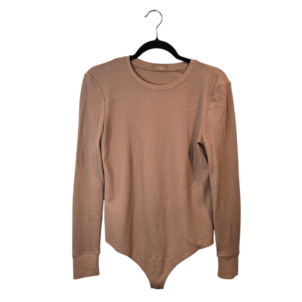 nuuds Waffle Knit Bodysuit Women Large Tan Long Sleeve Crewneck Thermal